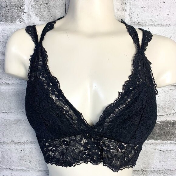 Aerie Black Sheer Lace Padded Strappy Crisscross Back Lingerie Bralette - Picture 1 of 8